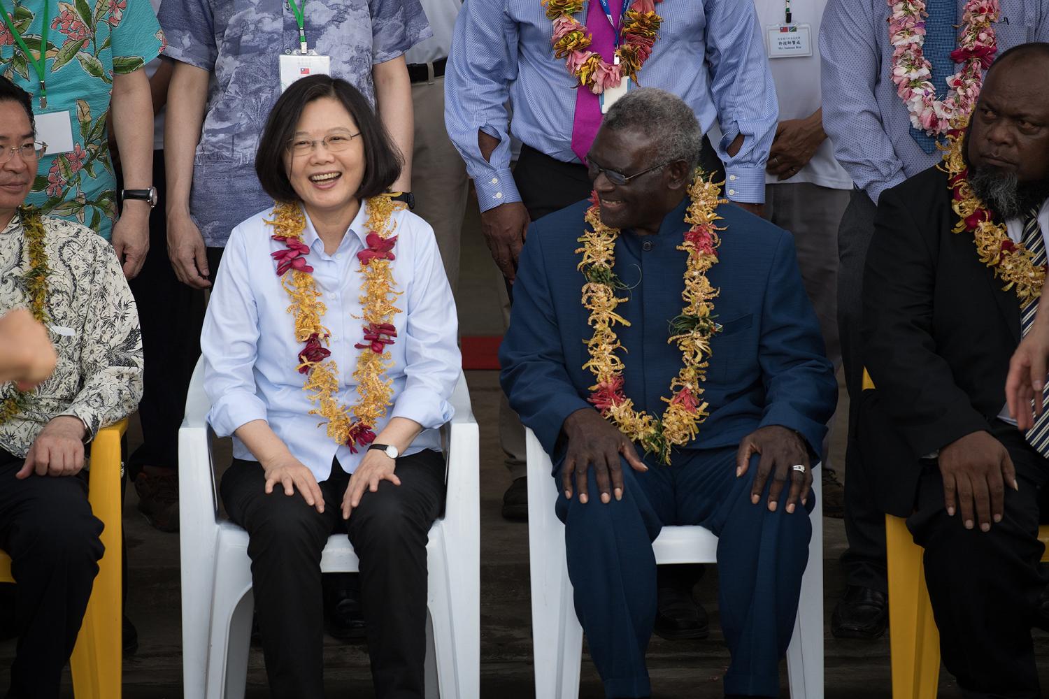 Different times...then Taiwanese President Tsai with former Solomon Islands Prime Minister Sogavare in 2017. (Dudley Kopu/Flickr)