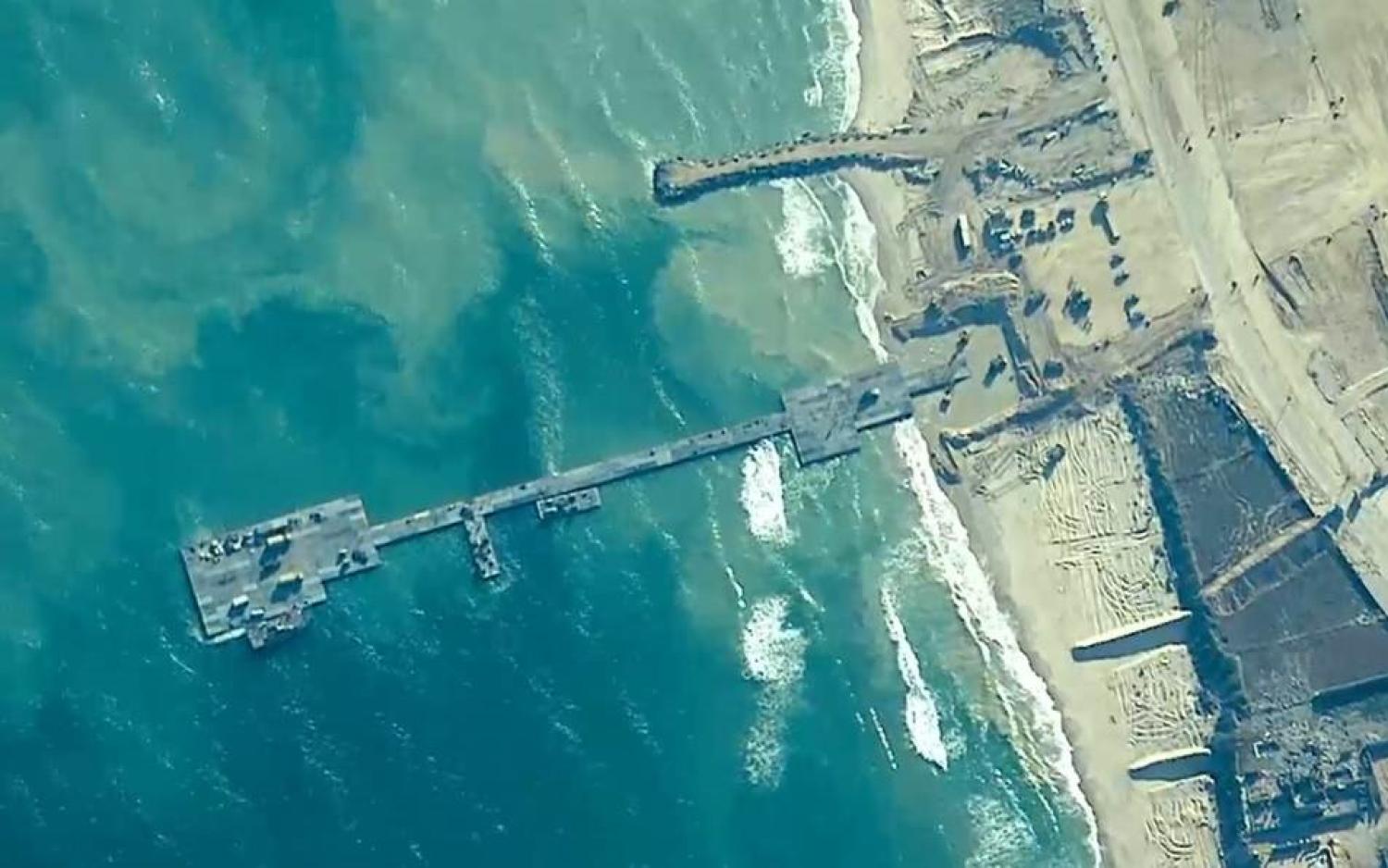 A US Department of Defence supplied image of the installation of the temporary pier on the Gaza coast, 16 May 2024 (US Central Command)