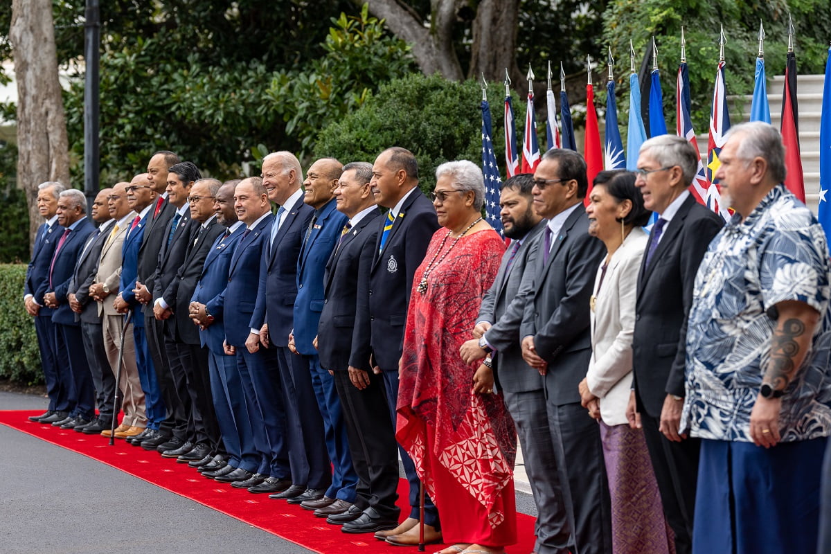 The White HouseFollowing▾ P20230925AS-0650 President Joe Biden takes a family photo with Pacific Islands Forum leaders, Monday, September 25, 2023, at the South Portico of the White House. From left, Pacific Islands Forum Secretary General Henry Puna, President of New Caledonia Louis Mapou, Permanent Rep. to the U.N. for Vanuatu Odo Tevi, Foreign Minister for Solomon Islands Jeremiah Manele, Prime Minister of Fiji Sitiveni Rabuka, Prime Minister of Tonga Siaosi Sovaleni (Hu’akavameiliku), Palau President Surangel Whipps Jr., Marshall Islands President David Kabua, Papua New Guinea Prime Minister James Marape, Cook Islands Prime Minister Mark Brown, President Biden, President of Kiribati Taneti Maamau, Tuvalu Prime Minister Kausea Natano, and Niue Premier Dalton Tagelagi, Samoa's Prime Minister Fiame Naoi Mata'afa, Nauru President Russ Kun, President Wesley Simina of the Federated States of Micronesia, New Zealand Foreign Affairs Minister Nanaia Mahuta, Ewen McDonald, Special Envoy for the Pacific and Regional Affairs of Australia and President of French Polynesia Moetai Brotherson. (Official White House Photo by Adam Schultz)