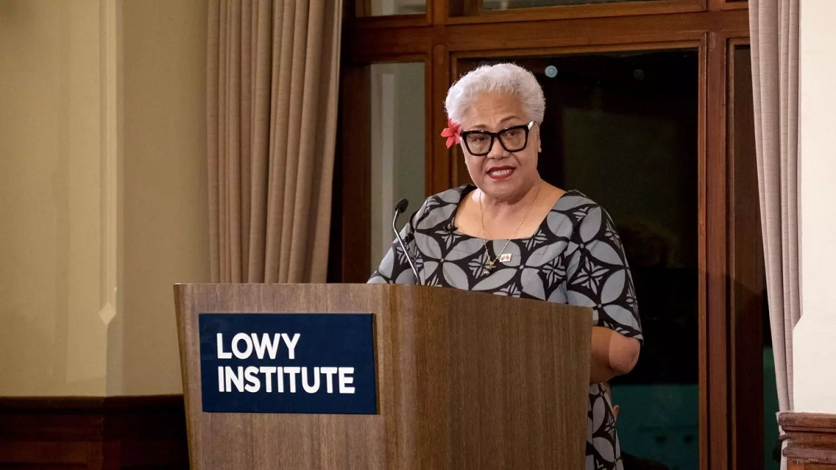 Hon Fiamē Naomi Mataʻafa delivers the 2023 FDC Pacific Lecture. Photo: Petri Kurkaa