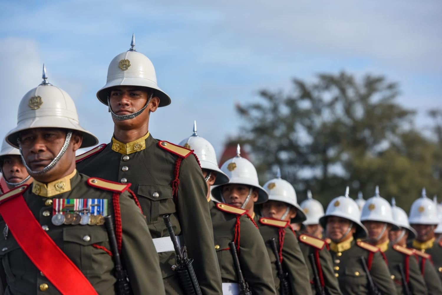 Soldiers on parade in Nuku'alofa to mark the official birthday of Tongan King Tupou VI, 4 July 2023 (Guo Lei/Xinhua via Getty Images)