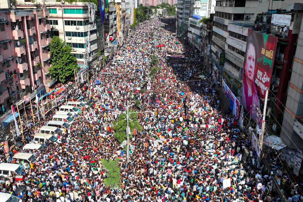 A Dhaka rally on Wednesday following the ousting of former prime minister Sheikh Hassina (AFP via Getty Images)