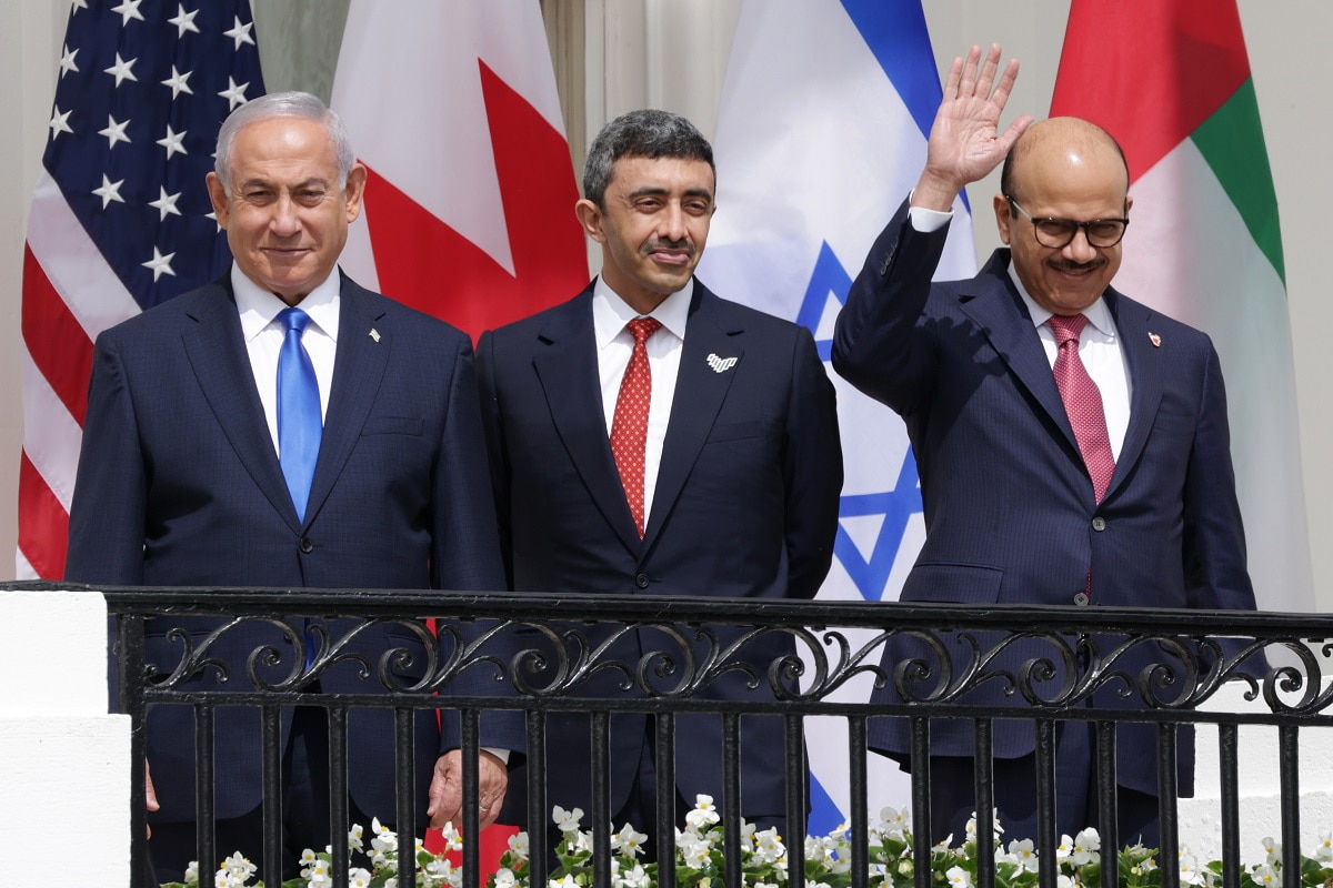 President Trump Hosts Abraham Accords Signing Ceremony On White House South Lawn WASHINGTON, DC - SEPTEMBER 15: (L-R) Prime Minister of Israel Benjamin Netanyahu, Foreign Affairs Minister of the United Arab Emirates Abdullah bin Zayed bin Sultan Al Nahyan, and Foreign Affairs Minister of Bahrain Abdullatif bin Rashid Al Zayani participate in the signing ceremony of the Abraham Accords on the South Lawn of the White House September 15, 2020 in Washington, DC. Witnessed by President Trump, Prime Minister Netanyahu signed a peace deal with the UAE and a declaration of intent to make peace with Bahrain. (Photo by Alex Wong/Getty Images)