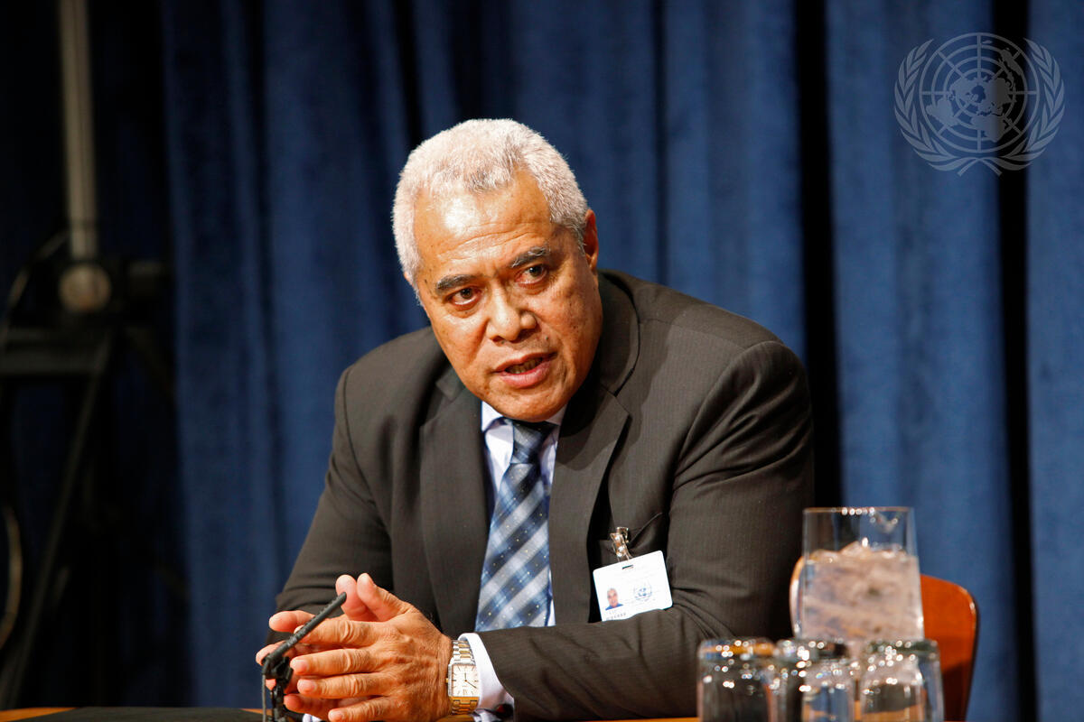 Lotoala Metia, Minister of Finance and Economic Planning of Tuvalu, at a press conference discussing challenges facing small island developing states (Aliza Eliazarov/UN Photo)